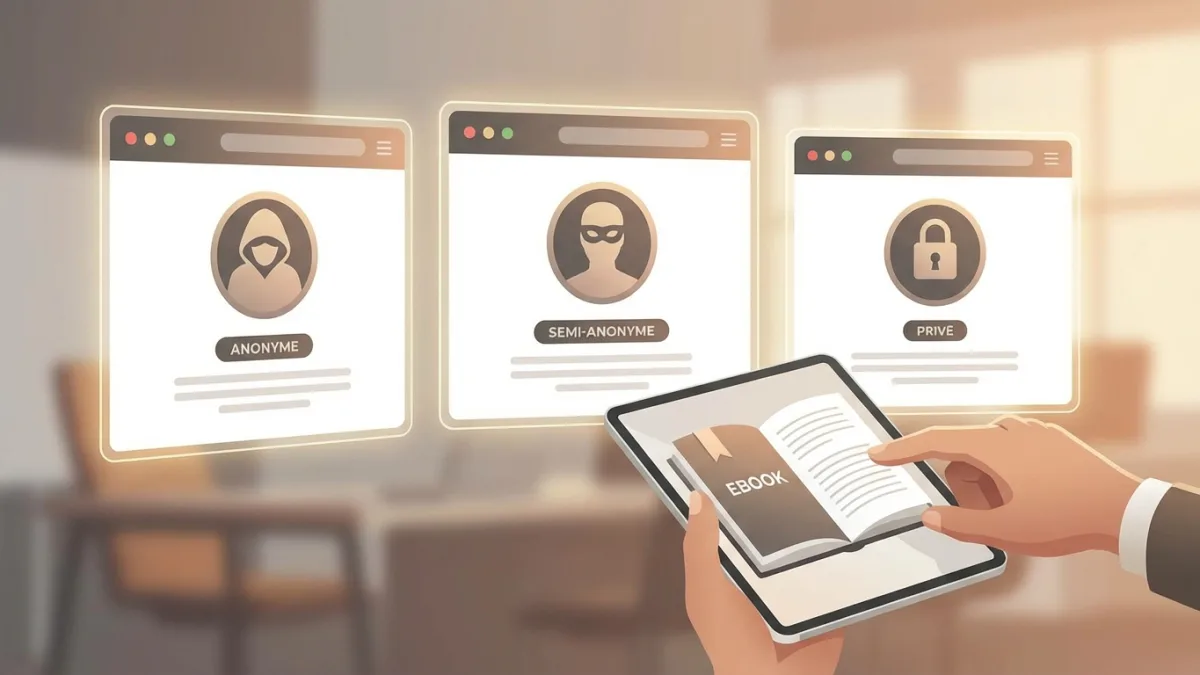 Interface d'une plateforme de vente d'ebooks affichant les réglages de confidentialité pour protéger son anonymat.
